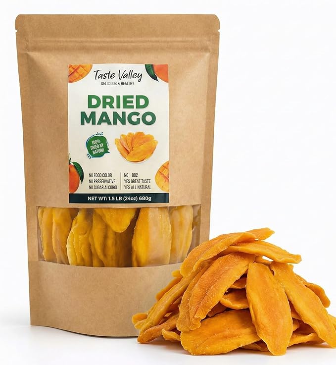 Taste Valley Dried Mango Slices (24 oz) - Naturally Ripened Unsweetened Dried Fruit - Soft &amp Chewy Healthy Snacks for Kids &amp Adults - Gluten Free Non-GMO Vegan - No Added Sugar (1.5 lbs Bulk