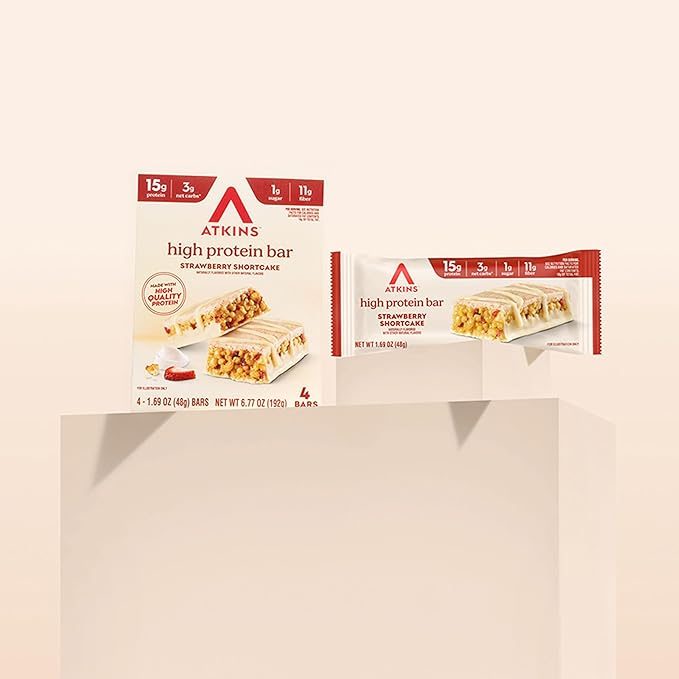 Atkins Strawberry Shortcake Flavor High Protein Bar 15g Protein 1g Sugar 3g Net Carb High Fiber Snacks Keto Friendly Protein Bars 4 Count (Pack of 6)
