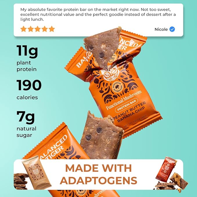 Functional Mushroom Vegan Protein Bars | Made in USA | Full Dose Lions Mane Shitake Reishi &amp Maitake Bars | Plant Protein Bars w/Adaptogens &amp Superfoods | Banana Chocolate Chip Flavor