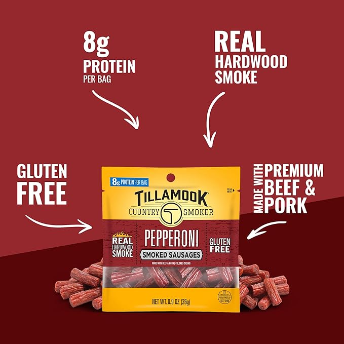 Tillamook Country Smoker Pepperoni Smoked Sausages 0.9 oz 24 Count Made with Beef &amp Pork Real Hardwood Smoked Protein-Packed Satisfying Taste On-the-Go Snacking