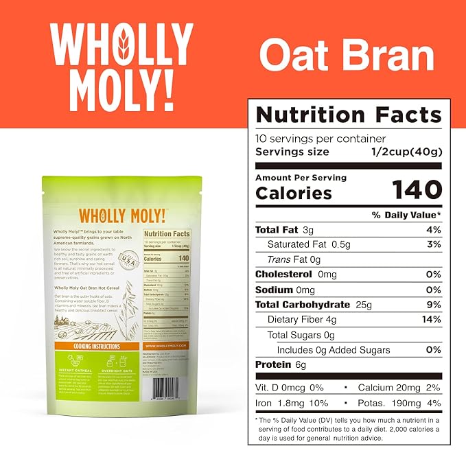 Wholly Moly! Oat Bran Instant Oatmeal Original 400g*4 Pack High Fiber No Sugar Added All Natural Vegan Friendly
