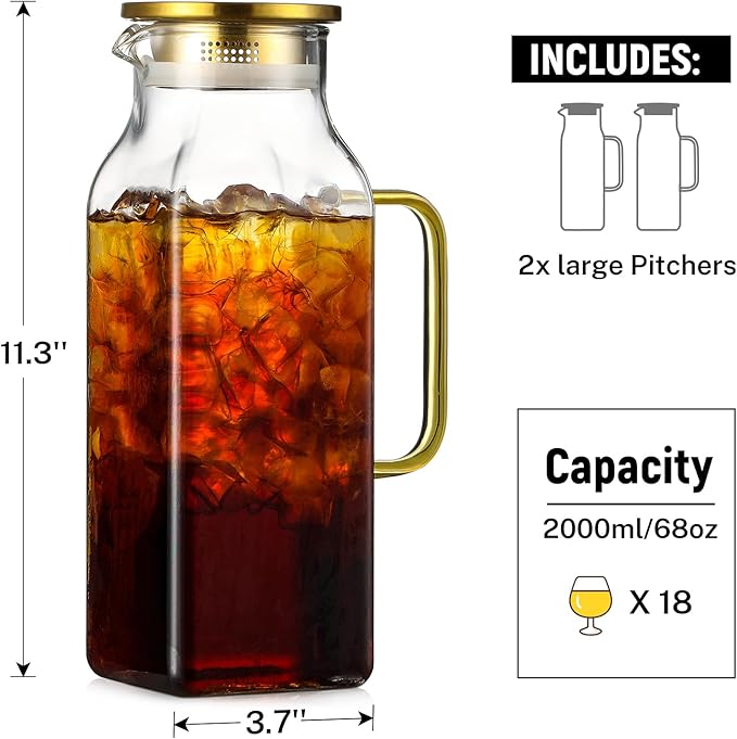 2 Pack 2 Liters/68 oz Square Glass Pitcher with Lid and Handle for Fridge Iced Tea and Coffee Carafe Beverage Serveware Heat Resistant Borosilicate Water Gold Jug for Hot/Cold Drinks and Milk