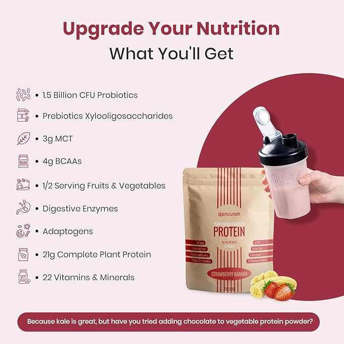UpNourish Strawberry Banana Vegan Protein Powder 54 Superfoods Powder1.5 Billion CFU Probiotics 21g Plant Based ProteinNo Sugar No Dairy No GMO Dairy FreeMeal Replacement Shake Keto-Friendly Low-Ca