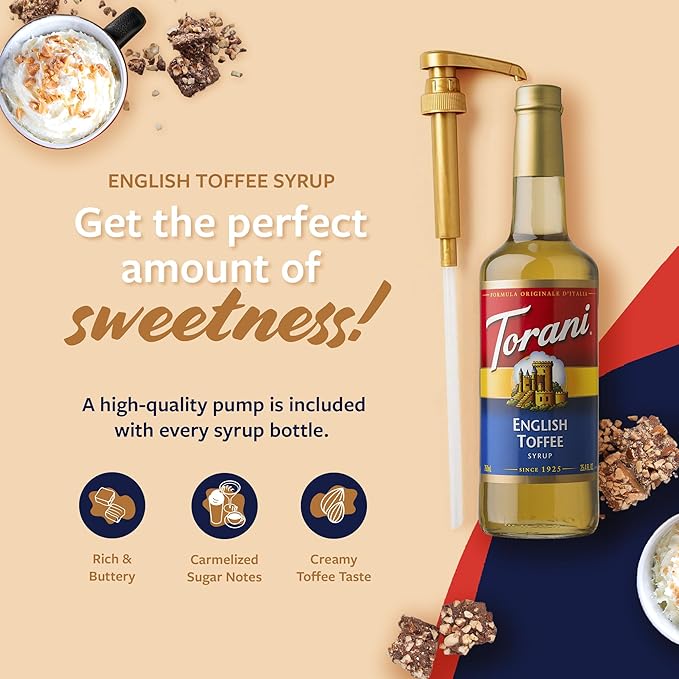 Torani Coffee Syrup English Toffee Flavored Syrup for Drinks Glass Bottle 4-Pack Pumps Included 25.4 Fl Oz Ea