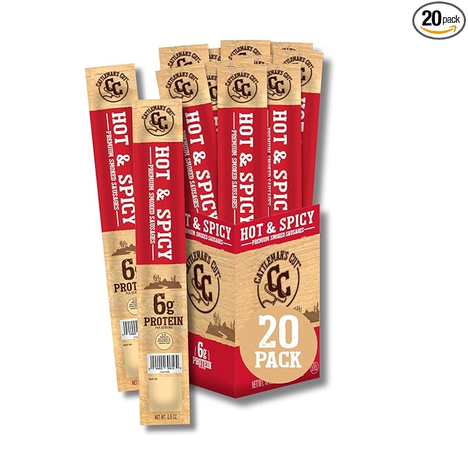 Cattleman's Cut Hot &amp Spicy Smoked Sausages Meat Sticks Premium Bulk Protein Snacks Keto Friendly Gluten Free Carnivore Travel Snack Individually Wrapped 0.9 Ounce Pack of 20