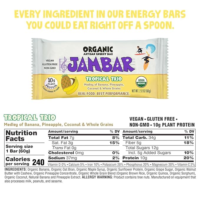 JAMBAR Organic Artisan Energy Bar (Tropical Trio -12 Pack)