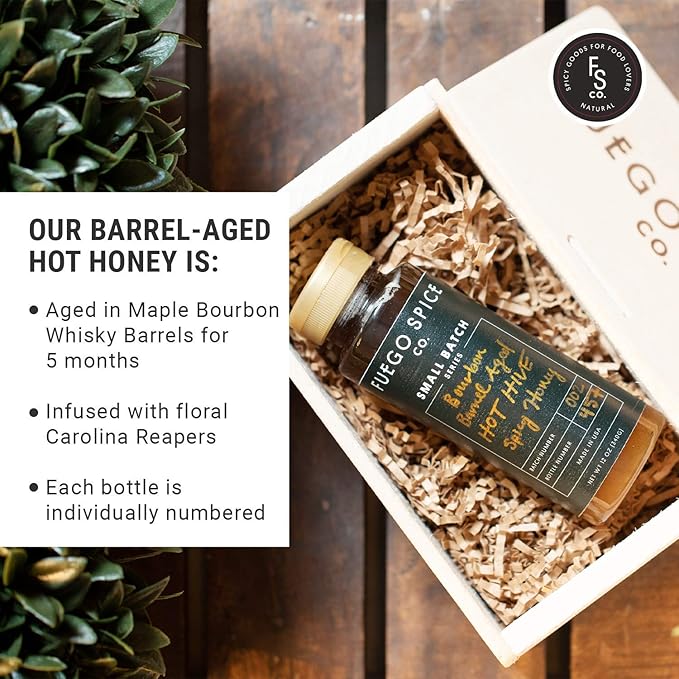 HOT HIVE Bourbon Barrel-Aged Spicy Honey by Fuego Spice - Custom Hot Sauce Gift Set Box - Aged in Award-Winning Bourbon Barrels with Organic Carolina Reaper - 12 oz. - Heat Level: Mild