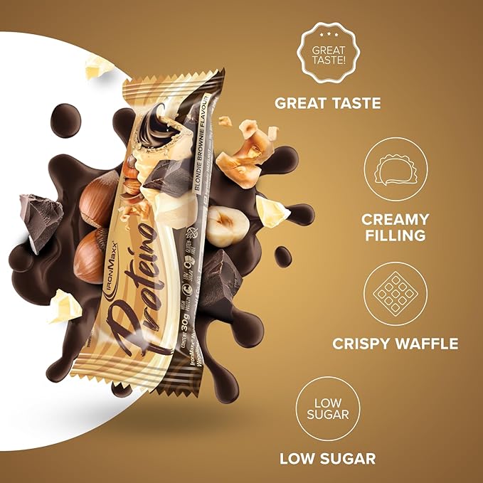 IronMaxx Proteino Protein Bar 12 x 30 g - Blondie Brownie | High Protein Bar with Creamy Waffle Based Filling | Sugar Reduced Gluten-Free Palm Oil Free Fitness Snack