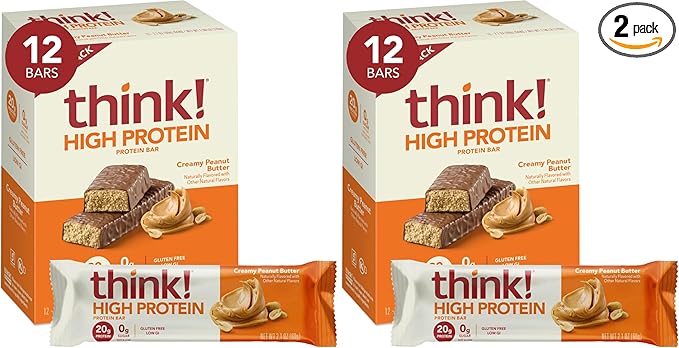 Think! Protein Bars High Protein Snacks Gluten Free Sugar Free Energy Bar with Whey Protein Isolate Creamy Peanut Butter Nutrition Bars without Artificial Sweeteners 1 Box (Pack of 2)