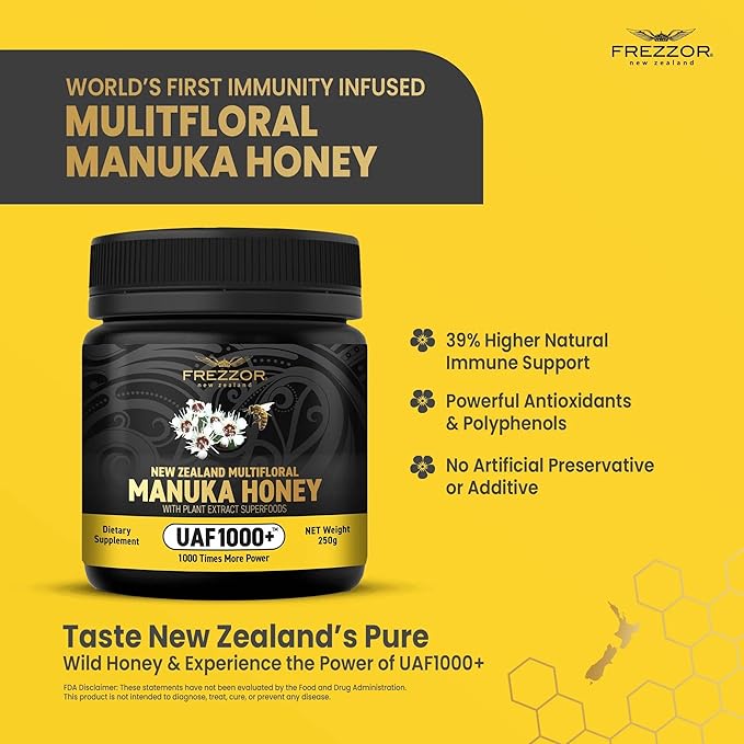 FREZZOR Premium Raw Multifloral Manuka Honey New Zealand with UAF1000+ Super Antioxidant 1000x More Power Best Support for Everyday Wellness Probiotic Antioxidant Superfood 6 Jars (52.8oz/1500g)