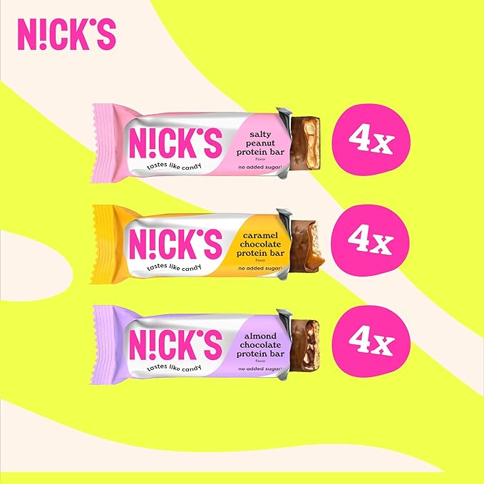 NICKS Protein Bars Variety Pack Protein-Packed Snack Low Calories Low Carb Keto Friendly Snacks No Added Sugar Salty Peanut Chocolate Caramel and Almond Chocolate (12 Pack)