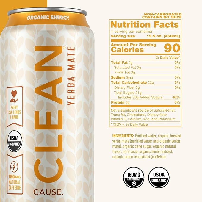 CLEAN Cause Lemonade and Tea Yerba Mate Tea Non-Carbonated USDA Organic Energy Drink Alternative Low Sugar 160mg Natural Caffeine Soda Alternative Plant-Based (15.5oz cans 12-Pack Case)