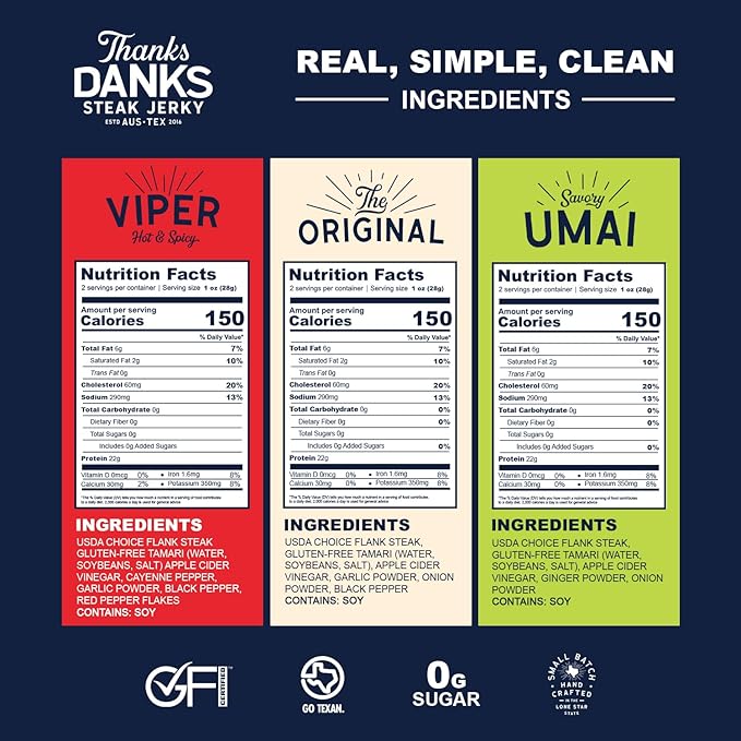 Thanks Danks - Variety Pack (The Original Viper Umai) - Small Batch Grass-Fed Steak Jerky - Sugar Free Gluten Free Nitrate Free No GMO - 57g (3 Flavors)