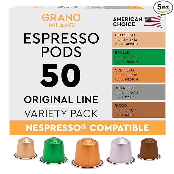 Grano Milano Variety Pack Coffee Capsules - 50 Aluminum Coffee Pods Compatible With Nespresso Original Line Medium And Dark Roast Made In Italy