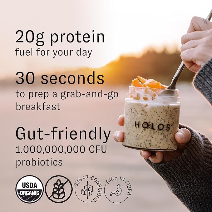 HOLOS Protein Overnight Oats - 8 Pack Variety Flavors with Jar - 20g Plant Proteins Organic Gluten Free Cereal with High Fiber Probiotics Vitamins Minerals