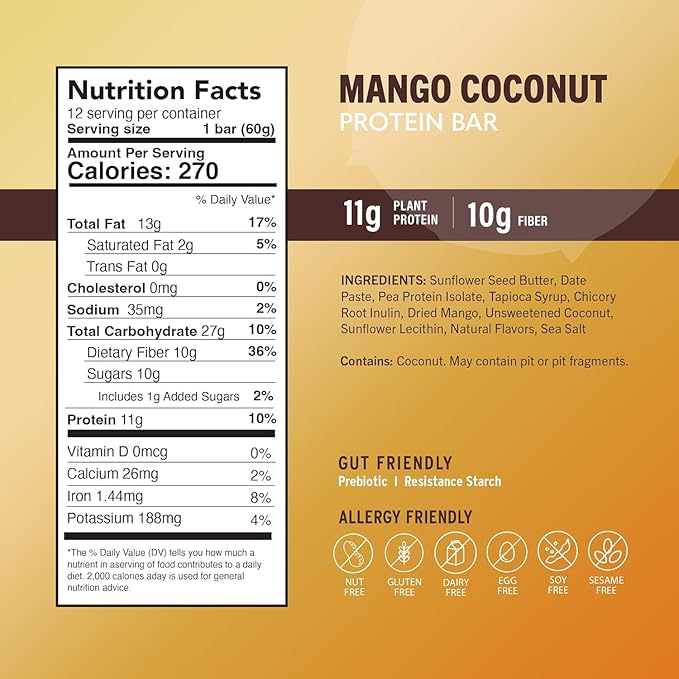 Amrita Nut Free Mango Coconut Vegan Protein Bars (12 Count PK of 3) | 11g Plant-Based Protein Bar | Peanut Free Gluten Free and Dairy Free | Low Sugar High Fiber Healthy School-Safe Snacks