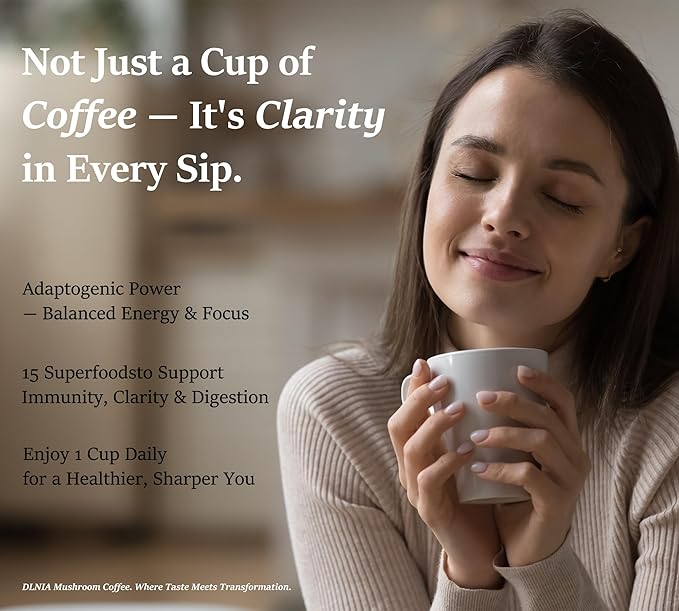 DLNIA Instant Organic Mushroom Coffee with 12 Adaptogenic Mushrooms Arabica Beans Coconut Milk &amp MCT Oil | Cordyceps Lion’s Mane &amp Turkey Tail Instant Coffee for Better Energy Focus Diges