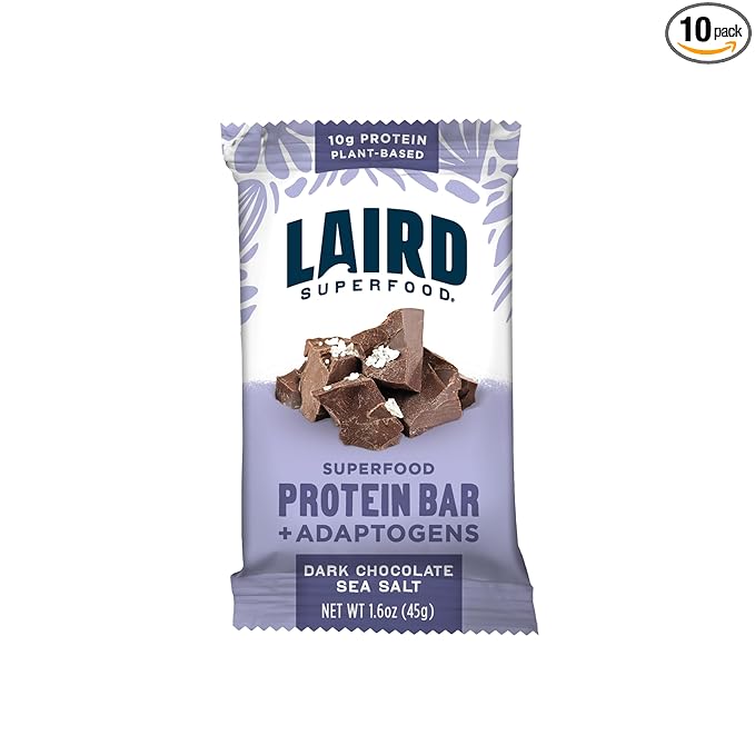 Laird Superfood Functional Protein Bars – Protein Bar but Better with Real Ingredients Functional Mushrooms 10g Plant-Based Protein 6g Fiber - Non-GMO - Dark Chocolate Sea Salt 10 Count (Pack of 1)