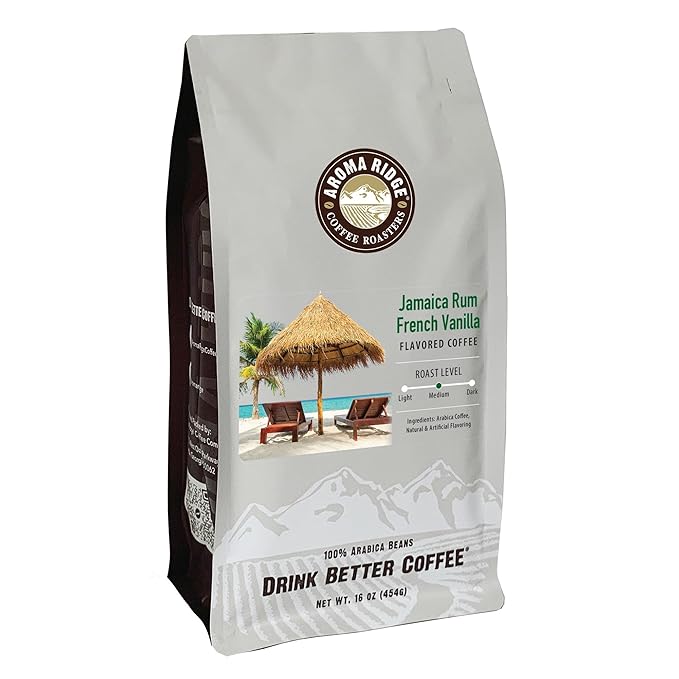 Aroma Ridge Freshly Roasted Jamaican Rum French Vanilla Swiss Water Decaf flavored Coffee