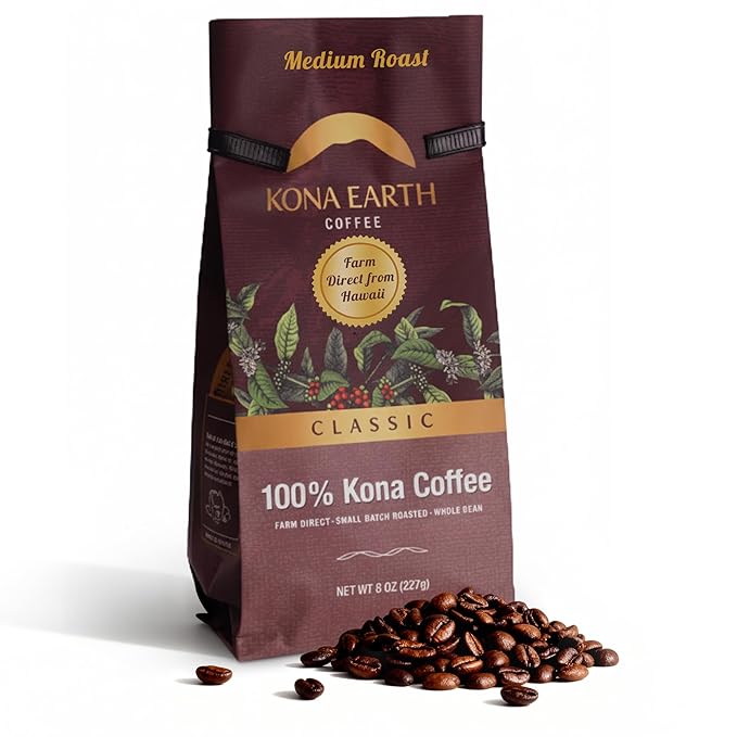 KONA EARTH 100% Kona Coffee Classic Medium Roast Whole Bean (8oz) Farm-Direct Authentic Hawaiian Kona Coffee beans from Hawaii’s Big Island Micro-Batch-Roasted