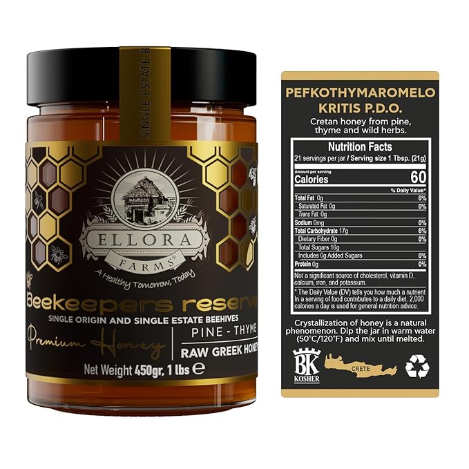 Ellora Farms Greek Honey Single Estate PDO Pine &amp Thyme Raw Honey Unfiltered Beautiful Gift Pack with Dipper Beekeepers Reserve Pure Raw &amp Unfiltered Cold-Pressed Gluten Free - 450 g