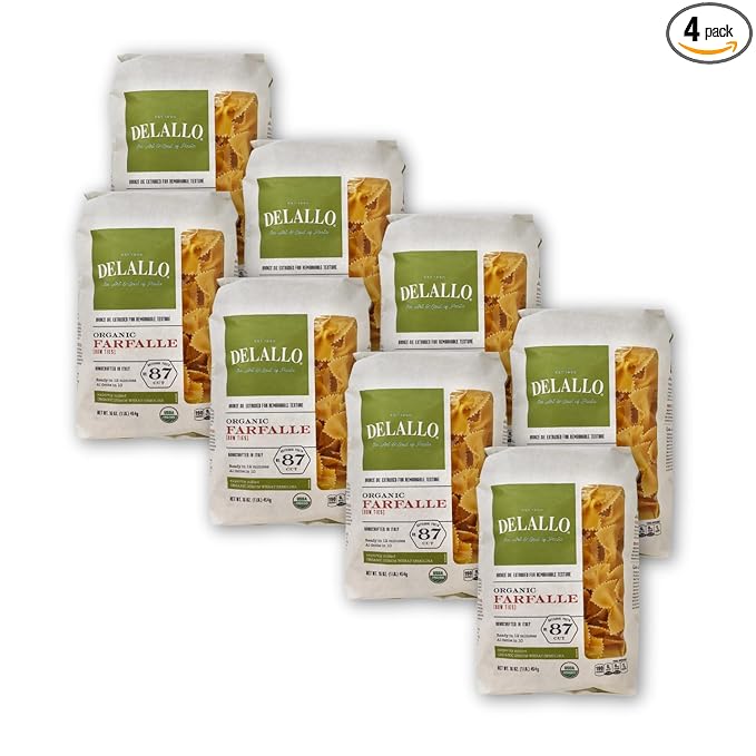 DeLallo Organic Farfalle Pasta Made with Only 100% Semolina Durum Wheat Flour Bronze Cut Made in Italy Kosher Vegan Non-GMO Bow-Tie Pasta Shape (8 Pack)