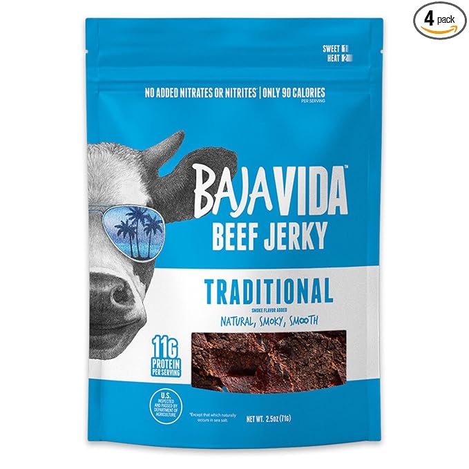 BAJA BEEF Traditional Beef Jerky - Sweet and Spicy Beef Jerky Snack Packs Healthy Jerky Gluten-Free All-Natural Beef No MSG Made in the USA - 2.5 Oz Bags (Pack of 4)