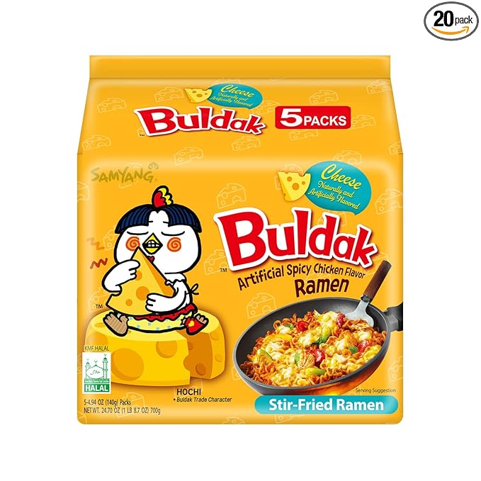 Samyang Buldak Cheese Korean Hot Spicy Chicken Stir Fried Ramyun 4.58 oz (Pack of 20)