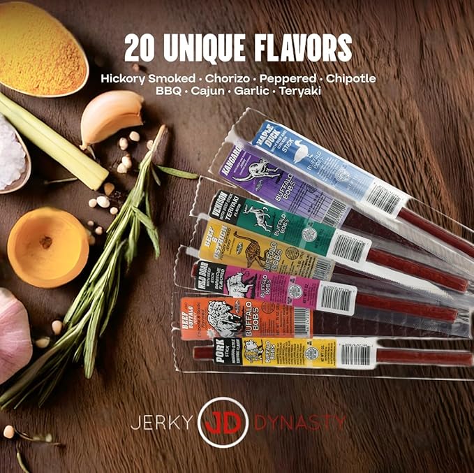 Buffalo Bob's Exotic Jerky Set- Staff Favorite 20 Piece Assortment: Alligator Buffalo Venison Wild Boar Duck Elk - BBQ Cajun Peppered Teriyaki