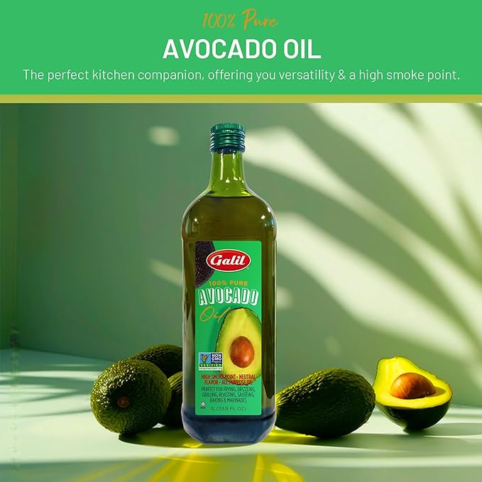Galil 100% Pure Avocado Oil - High Smoke Point 500°F Non-GMO Vegan Halal Certified - Perfect for Cooking Baking Sautéing Dressings &amp Marinades Rich in Healthy Fats - 1 Liter Glass Bottle
