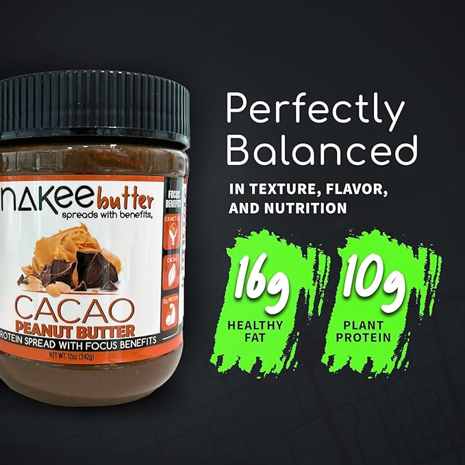 Nakee Butter Focus Cacao Peanut Butter Jar - Gluten-Free High-Protein Keto Low-Carb &amp C8 MCT Oil