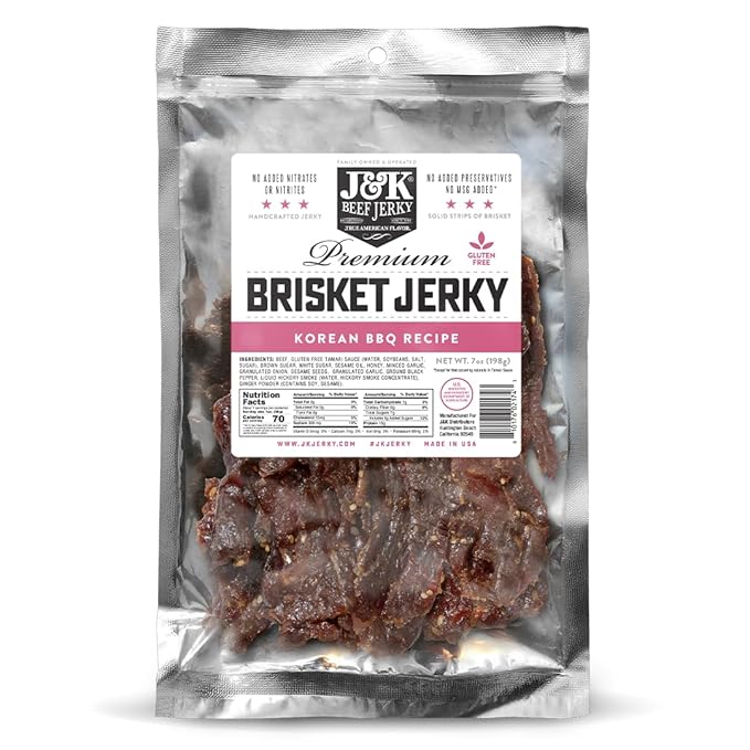 J&ampK Beef Brisket Jerky - Korean BBQ - Hand Crafted Small Batch American Made Slab Jerky - Bold &amp Flavorful Snack! - 7oz Big Bag