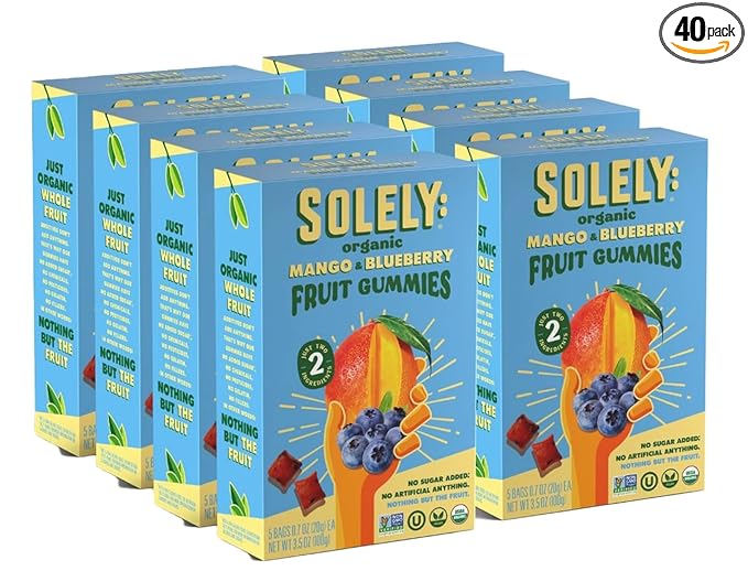 SOLELY - Organic Mango &amp Blueberry Whole Fruit Gummies (Pack of 8 Boxes 5 Bags per Box) - Real Fresh Fruit - Healthy Snacks for Adults &amp Kids - Non GMO Vegan Snacks Shelf Stable - 40 Bags (