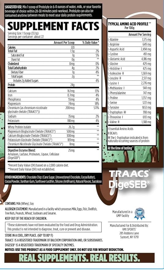 VMI Sports Protolyte 100% Whey Protein Isolate | Electrolytes Plus Enzymes | 22-25 Grams per Serving | Lactose and Gluten Free Low Fat Carbs &amp Sugar (1.63 lb Mint Chocolate Chip)