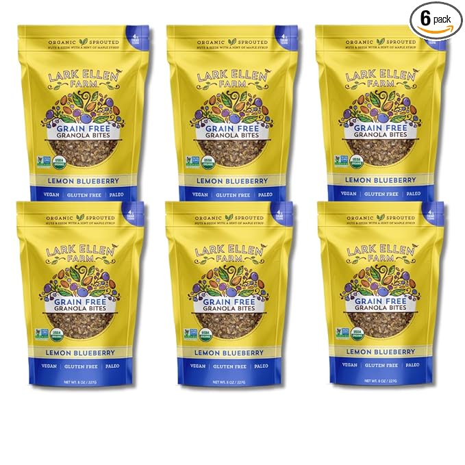 Lark Ellen Farm Grain-Free Granola Certified Organic Raw Sprouted Vegan Clusters Paleo &amp Crunchy Gluten-Free Bites for Cereal or Yogurt Lemon Blueberry 8 oz 6 Pack