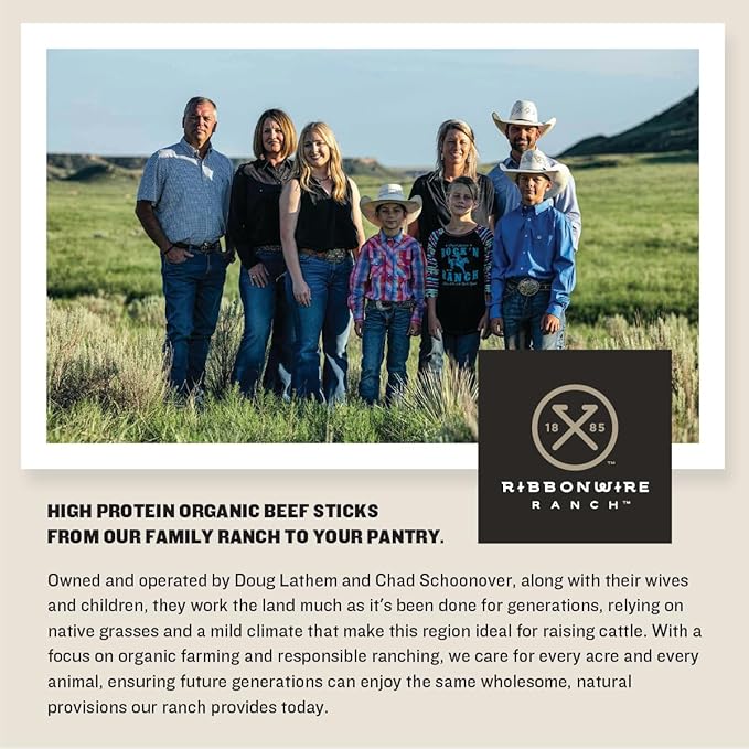 Ribbonwire Ranch Beef Sticks Made with Organic Beef Pasture Raised High Protein Snack Healthy Low Carb Keto Friendly Gluten Free Nitrate Free On the Go 1 Oz Sticks Original Flavor 12 Pack