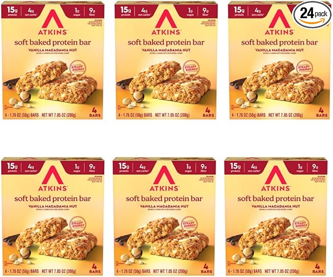 Atkins Soft Baked High Protein Bars Vanilla Macadamia Nut Flavor 15g Protein 4g Net Carbs 2g Sugar Excellent Source of Fiber High Protein 6 pack (4 bars each)