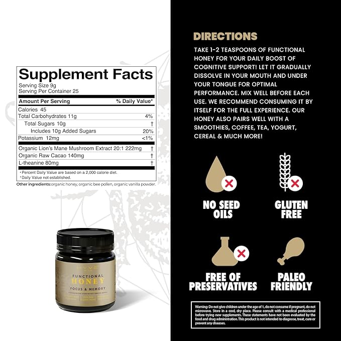 HYVE Mind Functional Organic Honey – Focus &amp Memory Honey with Lion's Mane Mushrooms Raw Cacao Bee Pollen &amp L-Theanine – Cognitive Support 8 Ounce Jar