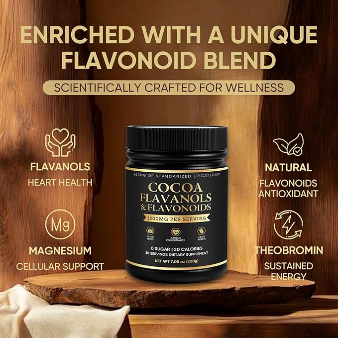 High Flavanol Cocoa Powder | 1200mg per Serving with Cocoa Flavanols Flavonoids &amp 600mg Epicatechin | Improve Circulation Energy Supports Heart Health &amp Brain Function | 150g