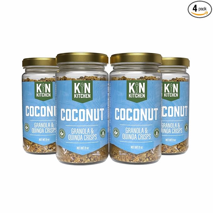 Kin Kitchen non-GMO Granola &amp Organic Quinoa Crisps in a Glass Jar Recyclable and Resusable. Made with Real Fruit. No Aritificial Colors Flavors or Perservatives. Made in USA with Globally Sour