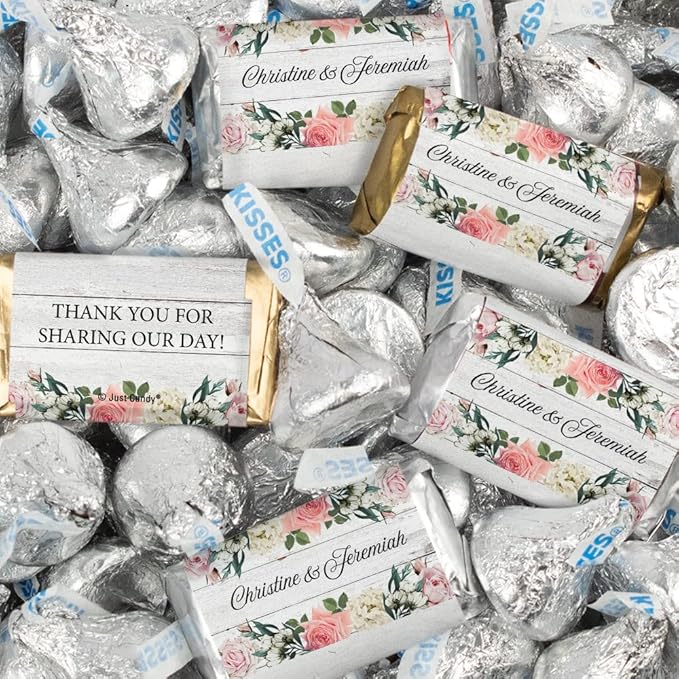 124 Pcs Personalized Wedding Candy Party Favors Wrapped Miniatures and Kisses (1.52 lbs) - Pink Botanicals
