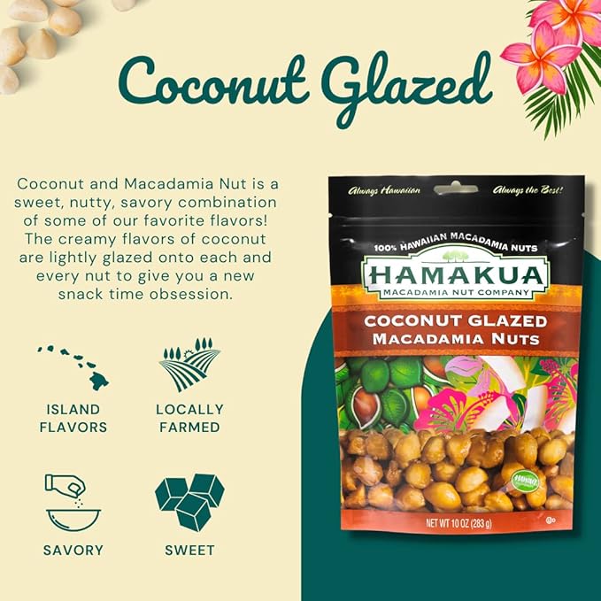 Hamakua Macadamia Nuts - Sweet Glazed Coconut - Hawaiian Grown Flavored Dry Roasted Half and Whole Macadamias - Natural Eco-Friendly Large Macadamia Nuts