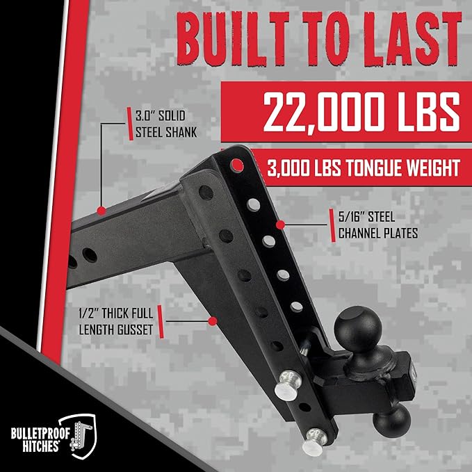 BulletProof Hitches - 3.0 Adjustable Heavy Duty Trailer Hitch (22000 lb. Rating) - 10 Drop/Rise Trailer Hitch with 2 &amp 2-5/16 Dual Ball - Powder Coat Solid Steel Corrosion-Resistant