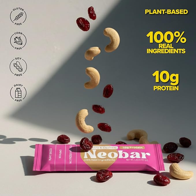 NEOBAR 10g Plant-Based Protein Fruit and Nut Bars - Vegan Snack Bars Gluten Free Dairy Free Snacks No Preservatives No Refined Sugars Added Non-GMO | Cranberry &amp Cashew 12 Count