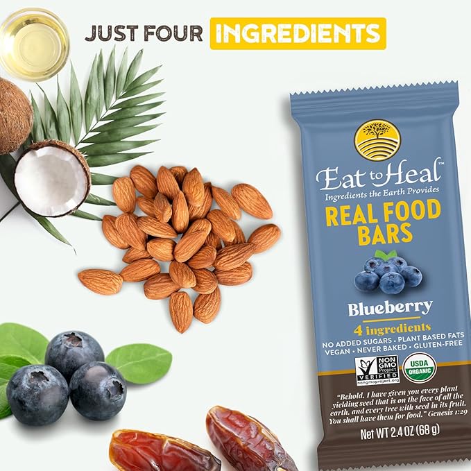 EatToHeal Blueberry Real Food Bar - Organic Protein Bars Vegan Food Healthy Gluten Free Protein Food - Low Sugar Protein Bars Non GMO Never Baked Plant Based Organic Snacks - Crafted to Enjoy