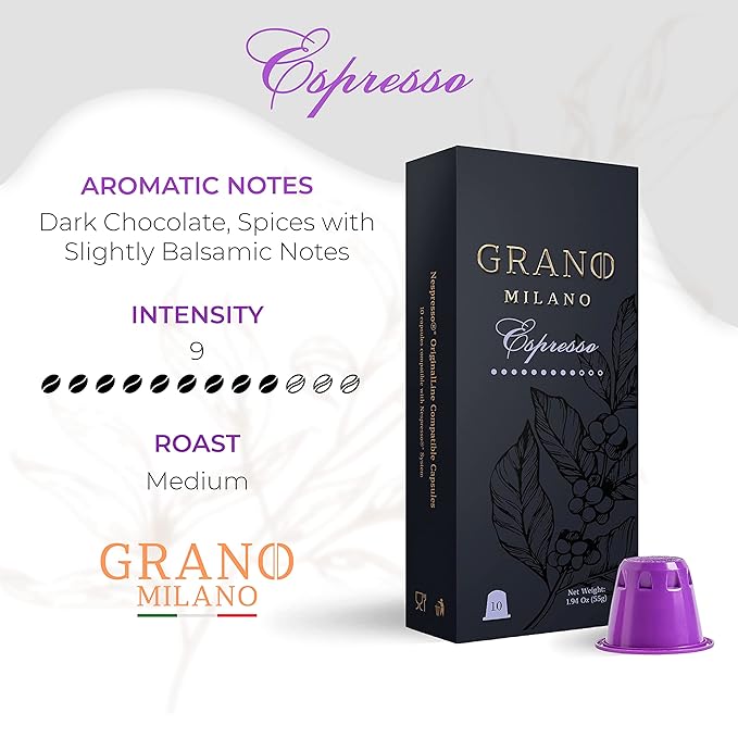 Grano Milano - 50 Espresso Pods Compatible with Nespresso Original line Medium Roast - Intensity 9/12 Coffee Capsules Made in Italy Espresso Coffee