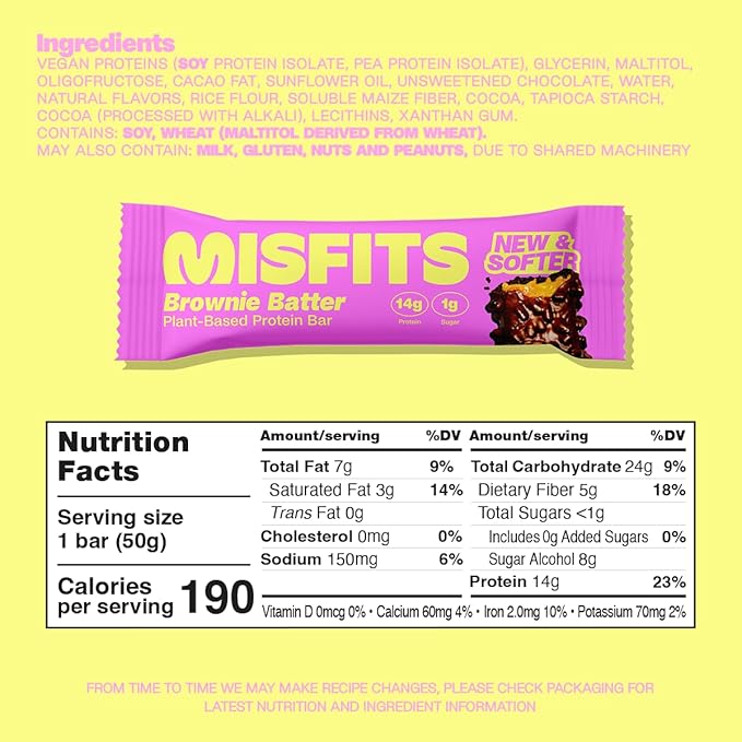 Misfits Vegan Protein Bars Brownie Batter - Updated Recipe | Plant Based Low Sugar &amp Carb High Fiber Snacks | Pack of 15