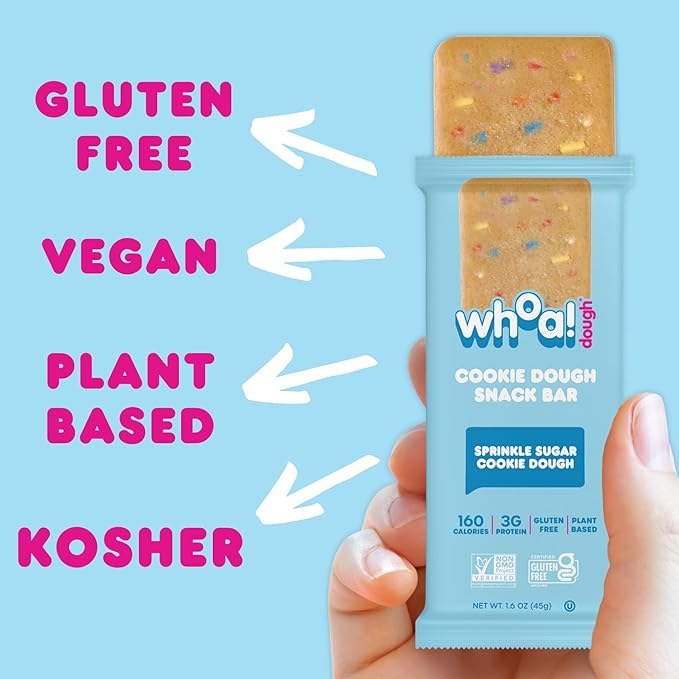 Whoa Dough Edible Cookie Dough Bars- Certified Non-GMO Kosher and Gluten Free Bars - Healthy Snack Foods - Plant Based Snacks Made With Real Ingredients - Sprinkle Sugar Cookie Dough - 4 Pack