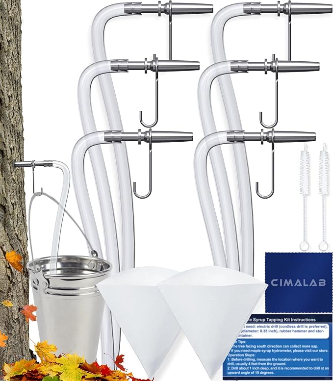 CIMALAB Maple Syrup Tapping Kit 6 Set Maple Tree Tapping Kit 6 Stainless Steel Maple Syrup Taps 6 Maple Syrup Tube &amp 2 Maple Sap Filters Metal Maple Syrup Spiles for Maple Syrup Making Supplie