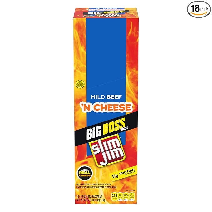 Slim Jim Beef 'N Cheese Smoked Meat Sticks Mild Flavor High Protein Easter Basket Stuffer for Men 3.0 oz. (18 Count)